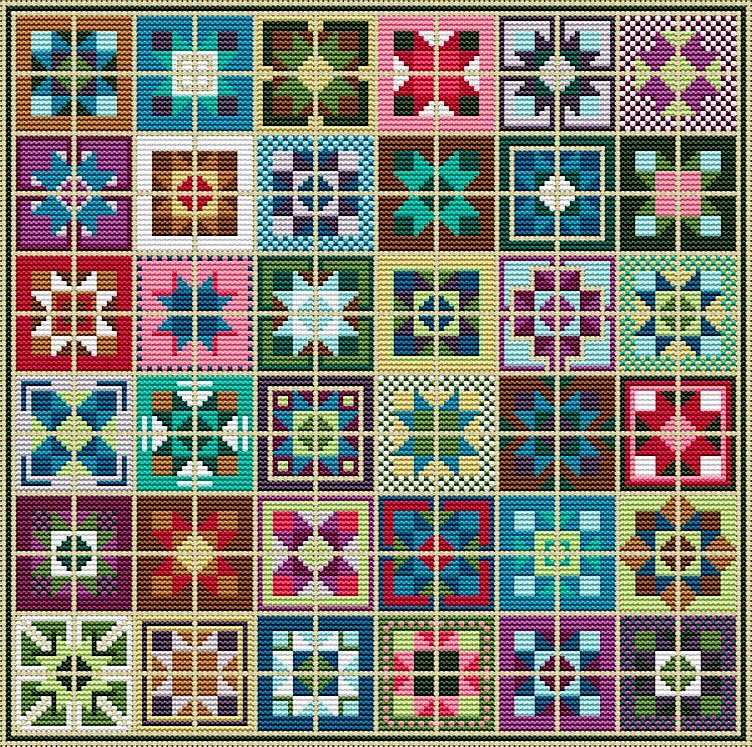 Grid of 56 colorful geometric quilt block patterns in cross stitch sampler layout