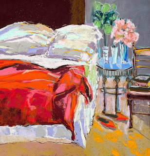 Pastel painting of unmade bed with red blanket, white pillows, and flowers on nightstand