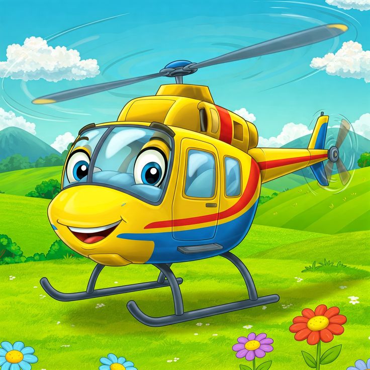 Smiling yellow and blue cartoon helicopter on grass with flowers and mountains in background