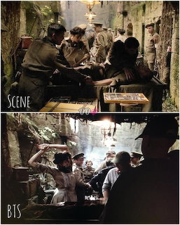 Two-panel Outlander set photo showing actors in WWII-era costumes above and a behind-the-scenes crew shot below.