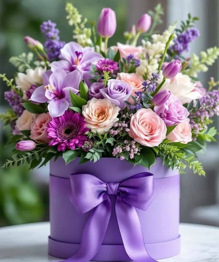 Colorful flower bouquet with roses and tulips in purple gift box with satin bow