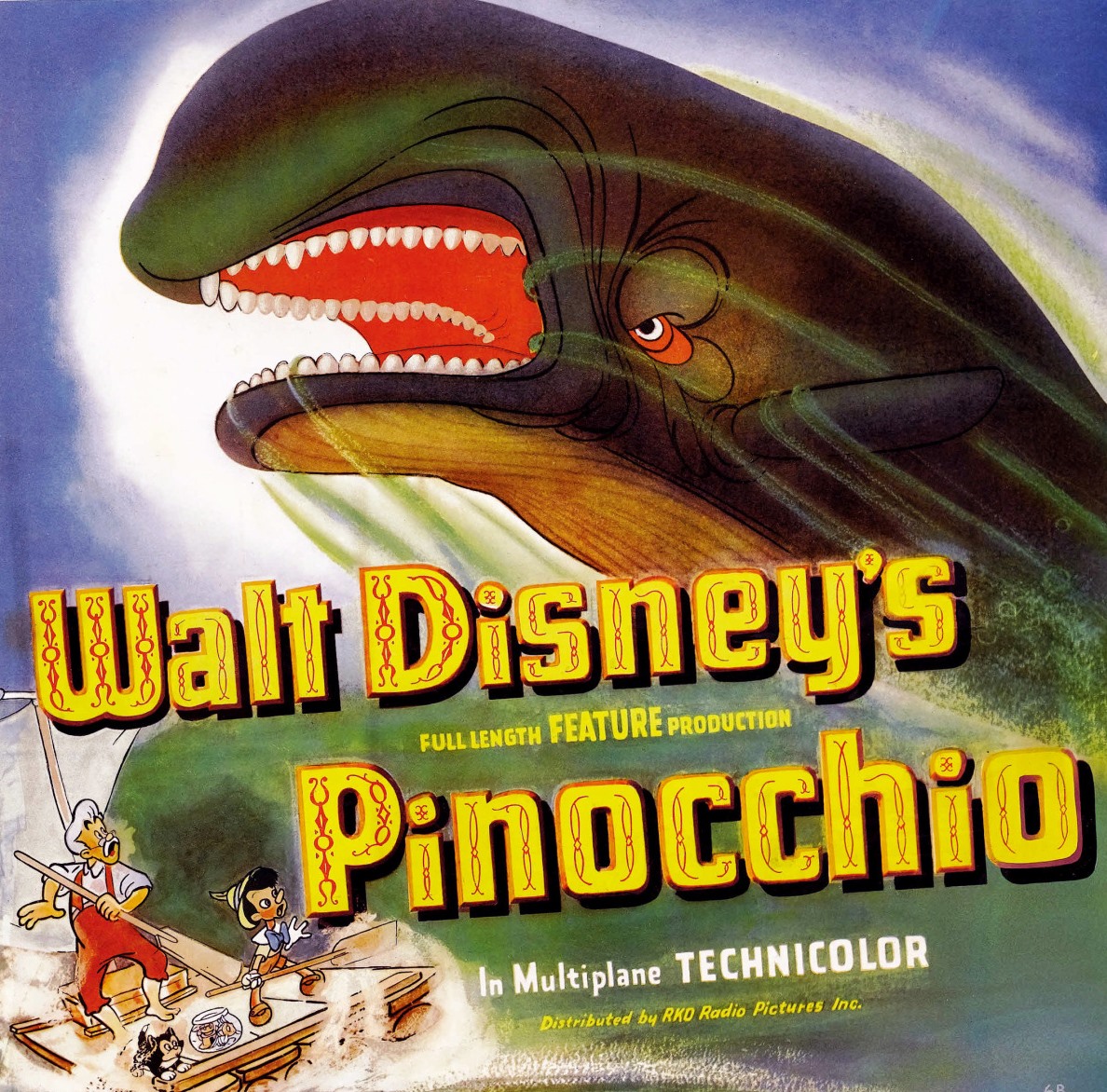 Vintage Walt Disney's Pinocchio movie poster with whale Monstro and title text in yellow letters