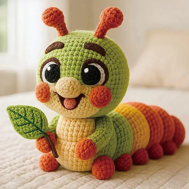 Colorful crochet amigurumi caterpillar toy with green head, orange cheks, and multicolored body segments