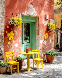 Colorful café terrace with coral walls, green door, yellow table and chairs, and flower baskets