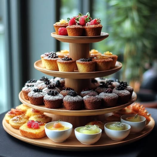 Multi-tier dessert stand with cupcakes, tarts, and pastries displayed on wooden circular trays