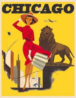 Vintage Chicago poster with a woman in red, a lion statue, and stylized skyscrapers on yellow