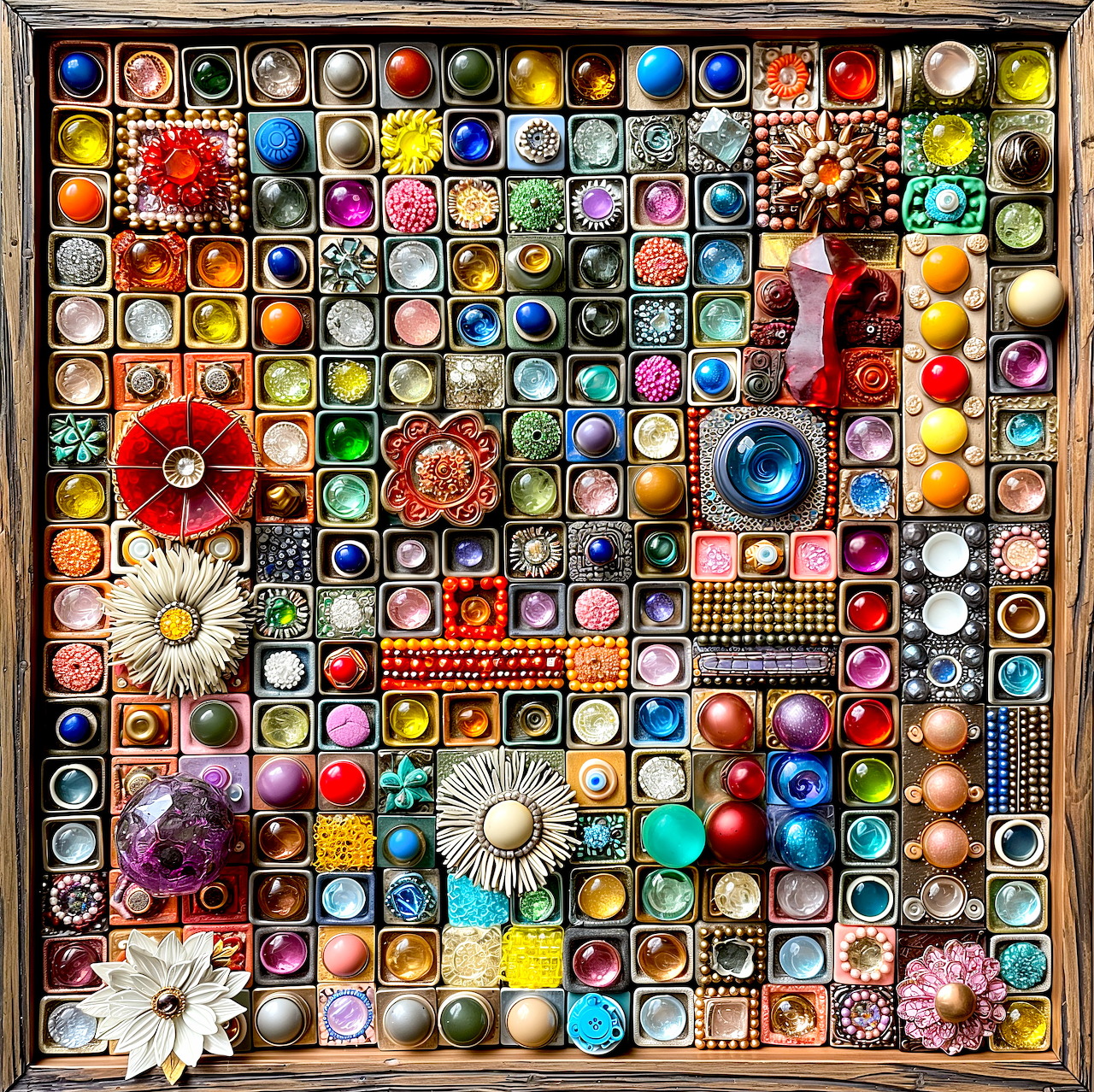 Grid of colorful vintage buttons, brooches and jewelry pieces in various sizes, colors and patterns