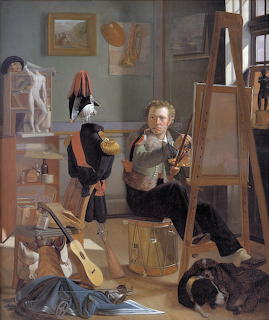 Oil painting of a young artist sitting in a studio filled with art supplies, easels, and classical sculptures