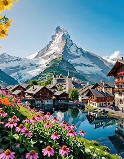 Matterhorn mountain rising above a picturesque Swiss village with blooming flowers and alpine chalets by a lake