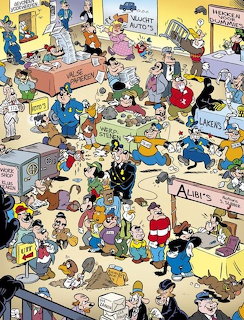 Crowded cartoon scene with many characters in costumes and activities, Where's Waldo style illustration