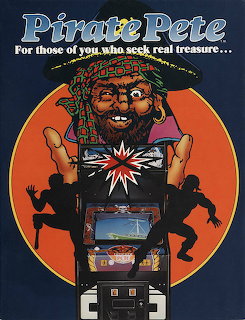 Vintage Pirate Pete arcade flyer with a bearded pirate face above an arcade cabinet and player silhouettes