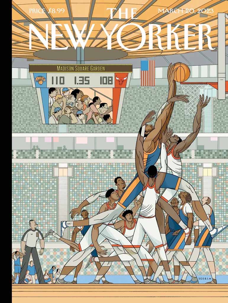 New Yorker magazine cover showing basketball players competing at Madison Square Garden arena
