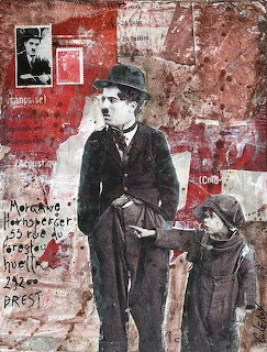 Graffiti art of Charlie Chaplin in bowler hat and suit with child on distressed wall with postage stamps and red paint