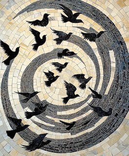 Black crow silhouettes flying in a circular spiral mosaic design