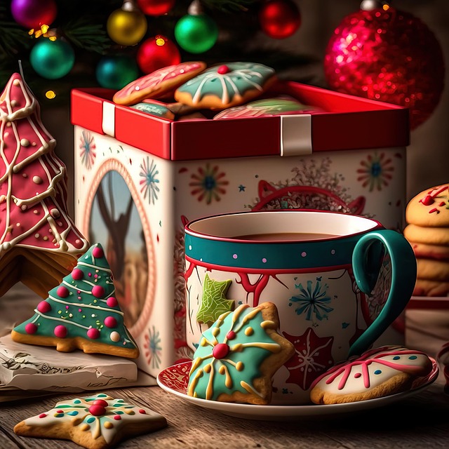 Christmas mug with gingerbread cookies, gift box, ornaments and decorative tree