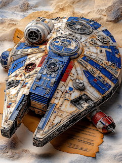 Paper mâché Millennium Falcon model with blue and beige details on sand dunes