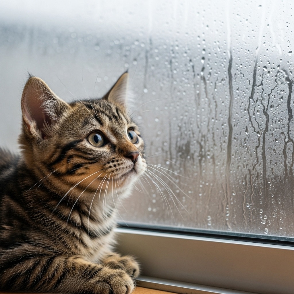 Tabby cat looking out a window covered in rain droplets
