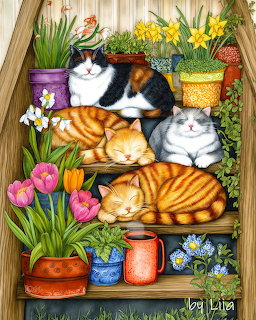 Four cats on shelves with potted flowers including tulips and daffodils in a garden scene