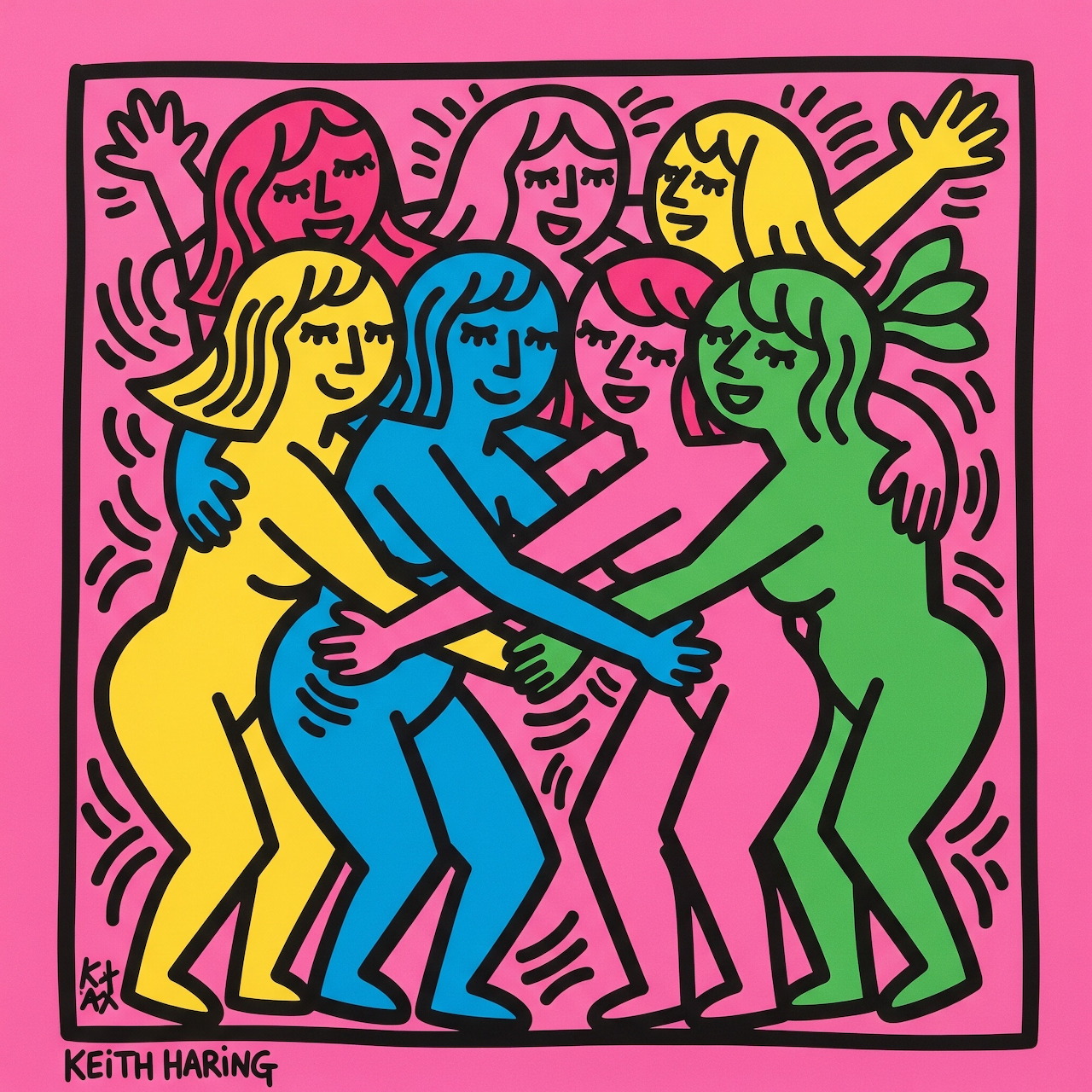 Keith Haring style artwork with six dancing figures in bright colors on pink background