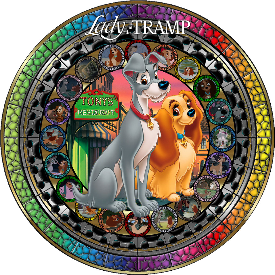 Round stained-glass style image of Lady and Tramp with small character portraits around the border