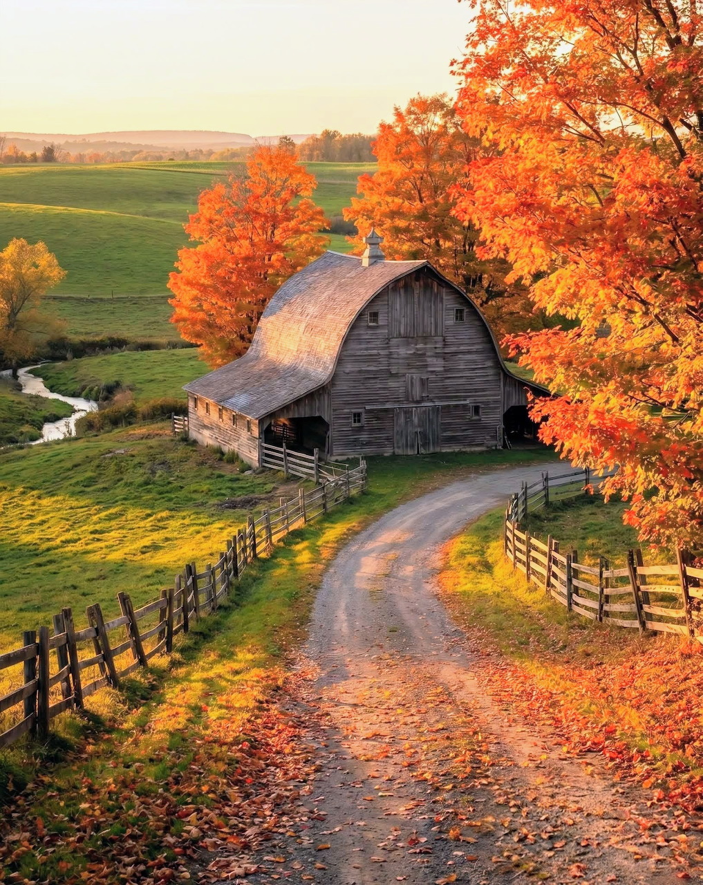 Rustic barn by a winding dirt road with orange autumn trees and fields