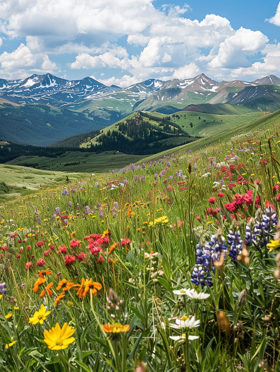 Colorful wildflowers in an alpine meadow with snow-capped Sawatch Range mountains in Colorado
