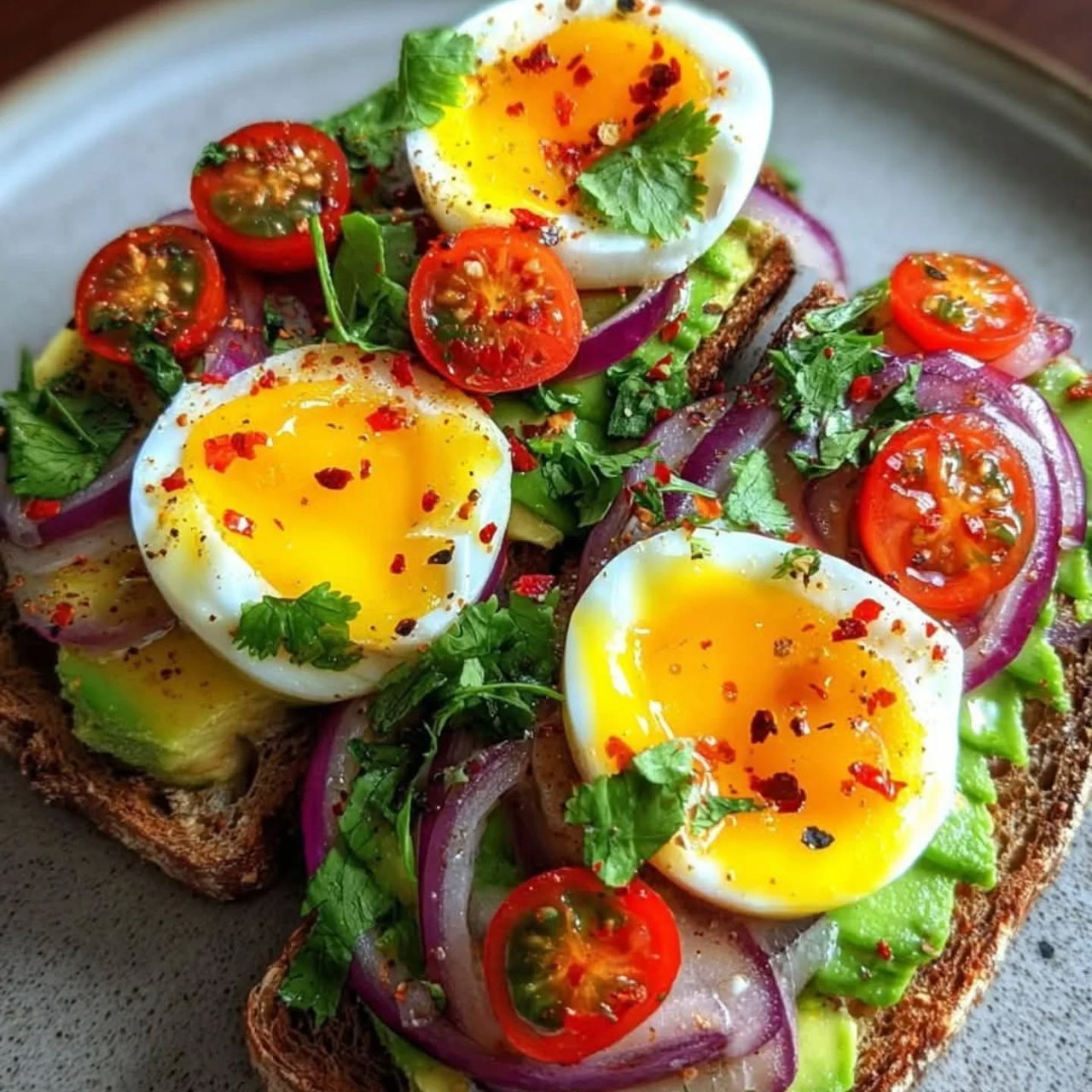 Two open-faced avocado toasts topped with halved soft-boiled eggs, cherry tomatoes, red onion rings, and fresh herbs