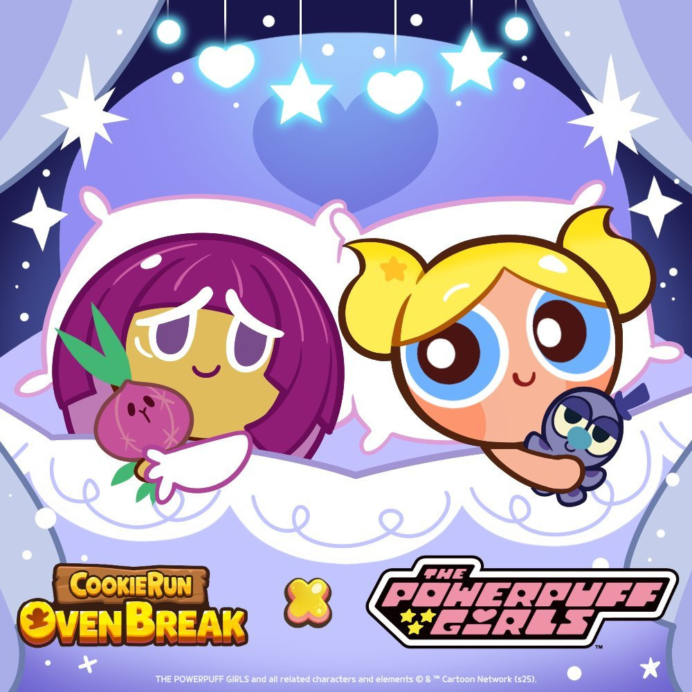 Two cartoon girls tucked into bed beneath a moon and hanging stars in a pastel night scene