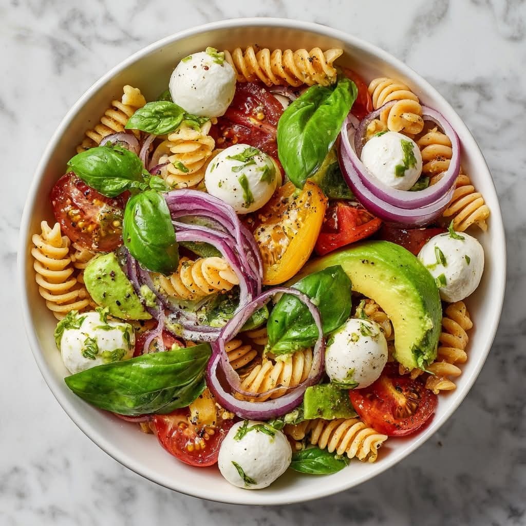 Overhead view of pasta salad with rotini, tomatoes, mozzarella, basil, and avocado in white bowl