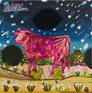 Colorful painting of a pink cow in a field under a dark starry sky