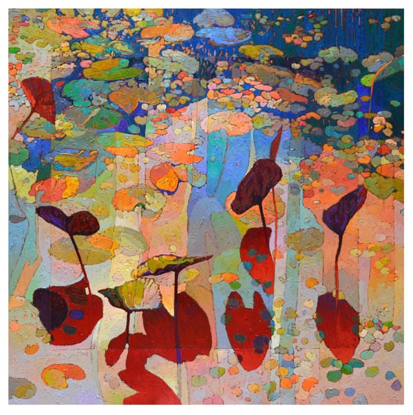 Abstract seascape painting with colorful lily pads and water reflections in vibrant orange, blue, and green hues