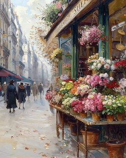 Impressionist painting of colorful flower shop on Paris street with people walking