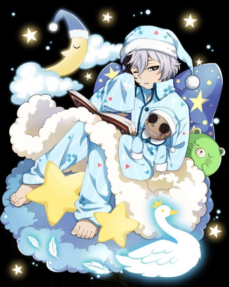 Anime girl in blue sleepwear sitting on cloud with moon, stars, and plush toys against dark starry night sky