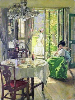 Interior painting showing woman in green dress by open doors, with chandelier and dining table in sunlit room