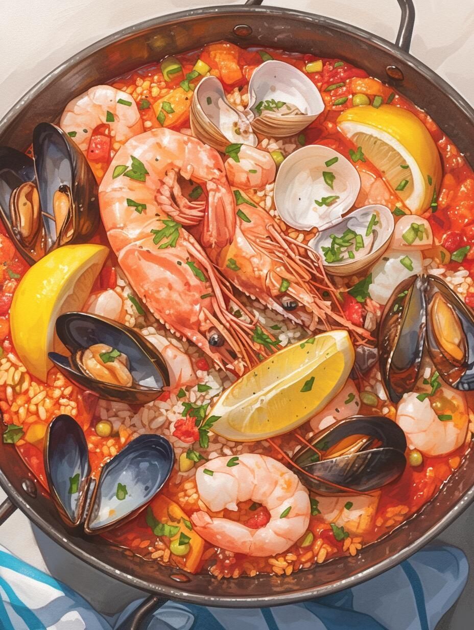 Overhead view of seafood paella with shrimp, mussels, clams and lemon in black pan