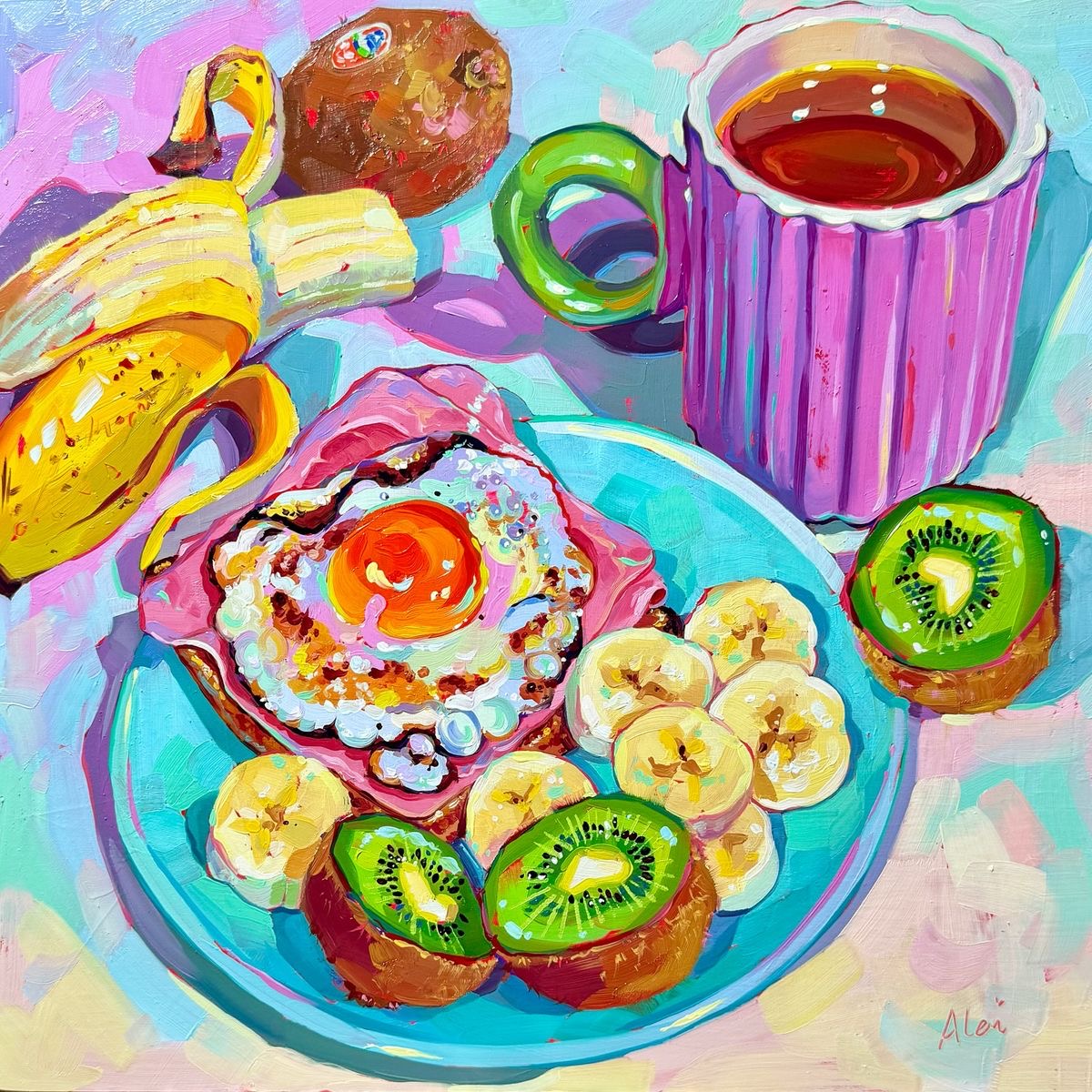 Colorful painting of breakfast plate with egg toast, fruit, and purple striped mug