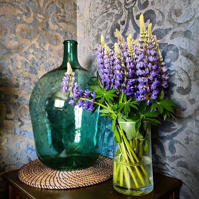 Purple lupins in a glass vase next to a large green glass demijohn on a table with patterned wallpaper