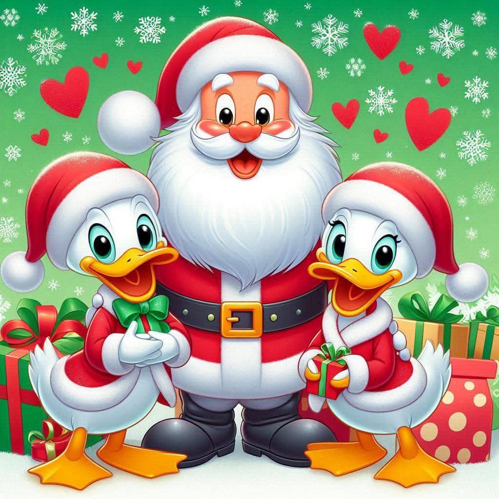 Cartoon Santa Claus with two ducks in Santa hats, Christmas gifts and snowflakes on green background