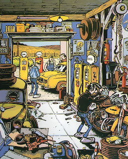 Comic-style illustration of a busy auto repair garage interior with mechanics and scattered tools