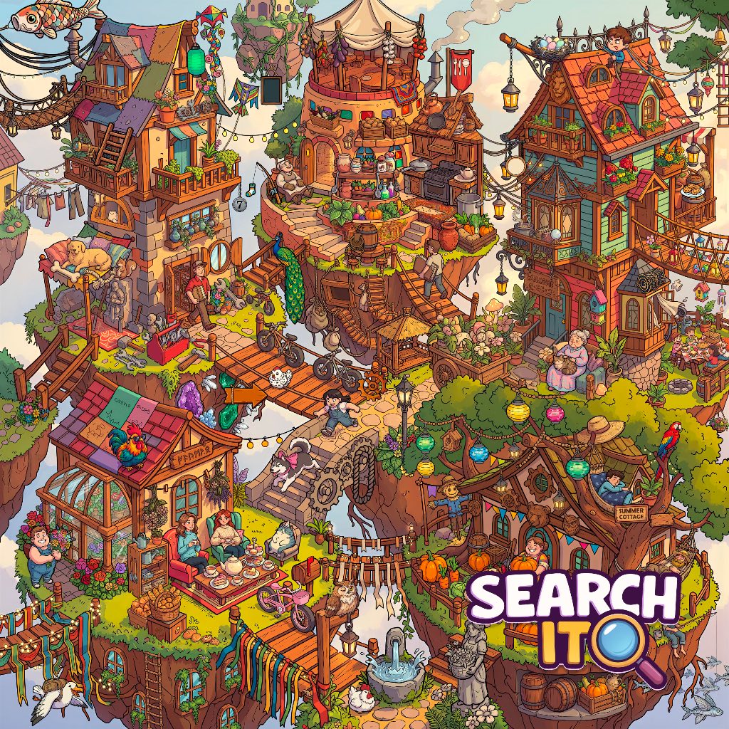 Colorful illustrated fantasy village with floating houses, gardens, and pathways in a whimsical aerial arrangement