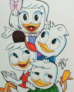 Hand-drawn cartoon illustration of Huey, Dewey, Louie, and Webby from DuckTales posing together