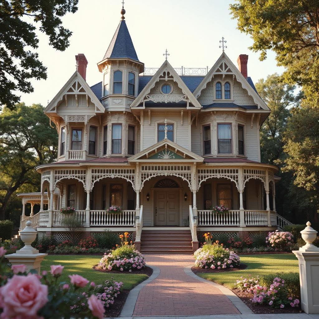 Ornate Victorian house with a porch, tower, and flowers along a curved walkway