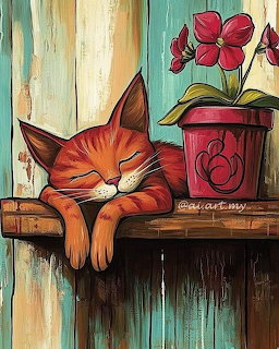 Illustration of a sleeping orange cat on a shelf beside a red flower pot with red flowers