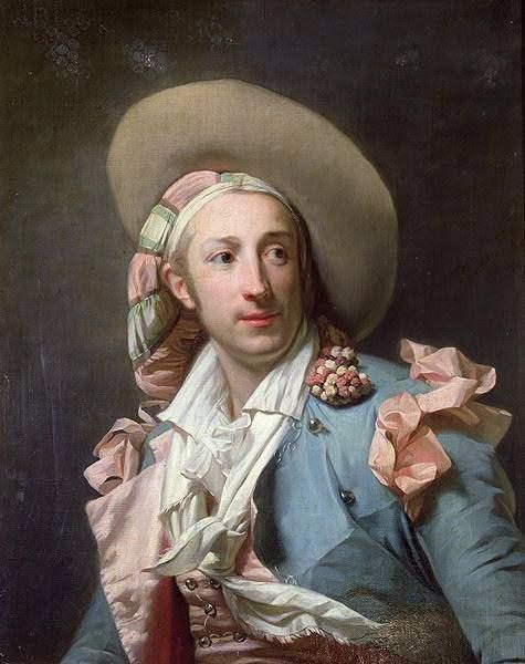 Painted portrait of a gentleman in an 18th-century hat, blue coat, and pink ruffles