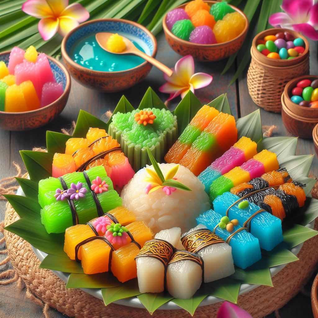 Colorful Thai layered jellies and traditional sweets arranged on green banana leaves with plumeria flowers