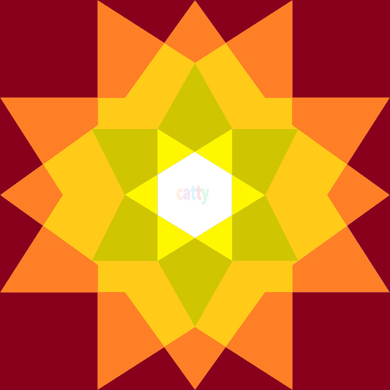 Geometric star mandala with orange, yellow, and green layered diamonds on red background