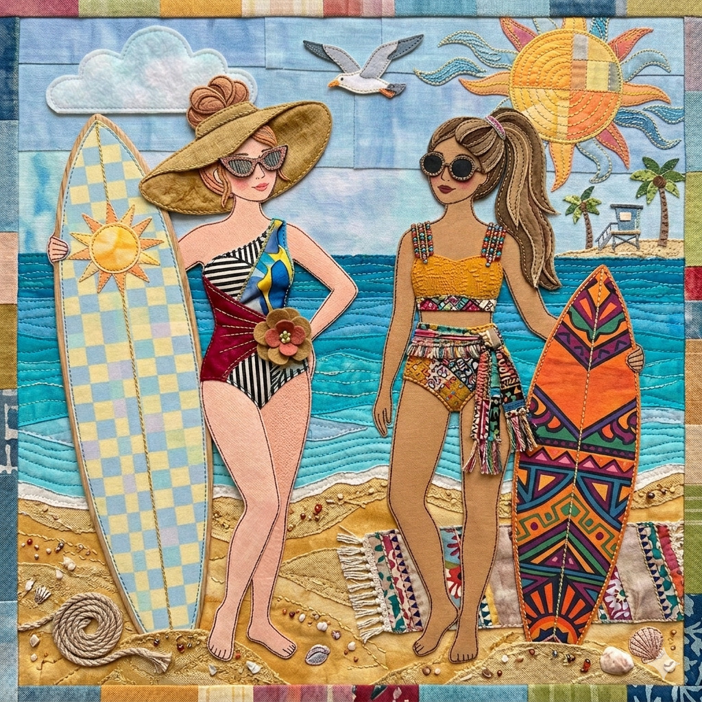 Two women with surfboards on a beach in colorful patchwork illustration style