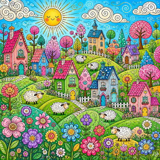 Colorful whimsical village with houses, flowers, trees, sheep, and a smiling sun