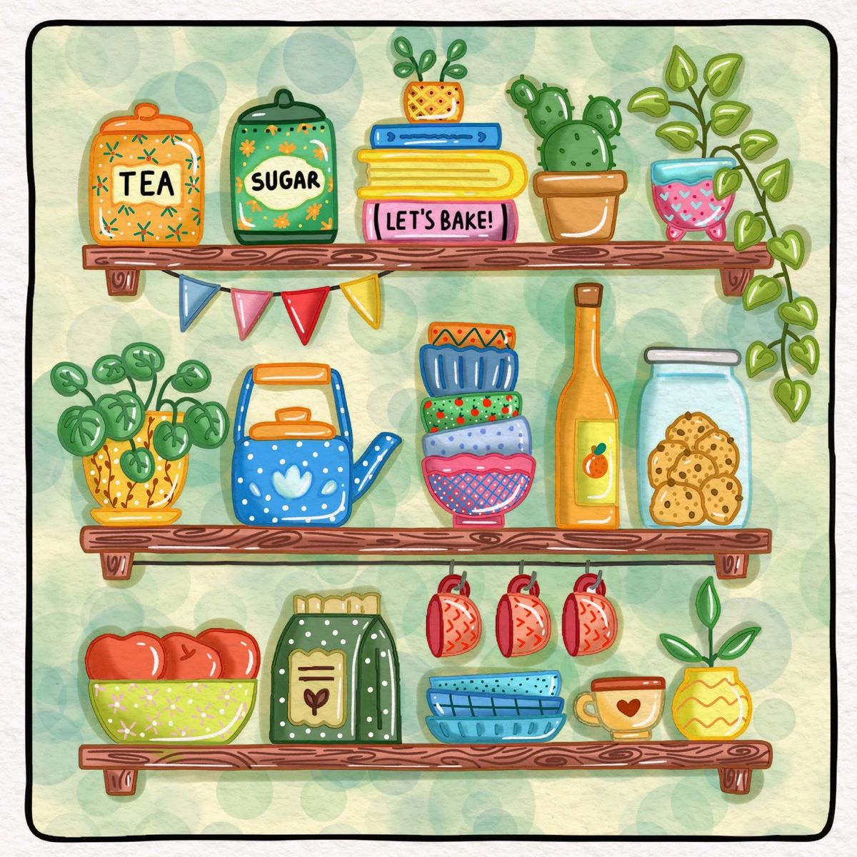 Colorful illustration of four wooden kitchen shelves with jars, plants, bowls, a watering can, and decorations