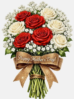 Bouquet of red and white roses with baby's breath tied with golden ribbon reading Happy Mother's Day